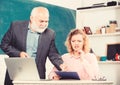 Difficult tasks. Knowledge test. High school college university. Lecturer educator helping student with test. Pass exam