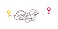 Difficult way, chaos path from point A to B. Complex chaos simplifying concept. Easy simple way. Vector illustration