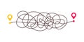 Difficult way, chaos path from point A to B. Complex chaos simplifying concept. Easy simple way. Vector illustration