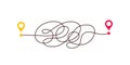 Difficult way, chaos path from point A to B. Complex chaos simplifying concept. Easy simple way. Vector illustration