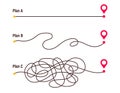 Difficult way, chaos path from point A to B. Complex chaos simplifying concept. Easy simple way. Vector illustration