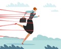 Difficulties in business or career. Woman tangled in ropes. Professional growth obstacles and failures. Threads blocked