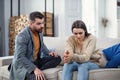 Difficulties, conflict and family concept - unhappy couple having arguing at home. Royalty Free Stock Photo