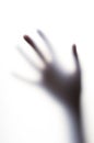 Diffused shadow of hand with thin fingers behind the frosted glass Royalty Free Stock Photo