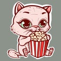 Difital art of a cute cat with big eyes eating popcorn from a big bucket. Vector of a kawaii kitt