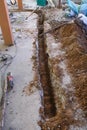 dig long hole line on concrete prepare for make foundation building room. renavation house dirty job landscape