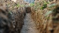 Dig a trench. Earthworks, digging trench. Long earthen trench dug to lay pipe or optical fiber. Construction the sewage and Royalty Free Stock Photo