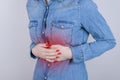 Digestion indigestion people person concept. Cropped close up photo of sad unhappy stressed depressed lady suffering from stomach-