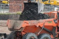 A digger and dump truck move dirt to make room for the foundations Royalty Free Stock Photo