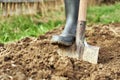 Digging the earth with a spade at countryside. Male foot wearing a rubber boot digging the earth with a spade close up.