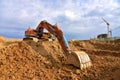 Digging the pit foundation a hole with excavator. Earthwork in excavation and backfilling of soil upto required depth is required Royalty Free Stock Photo