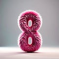 Digit eight in pink fur on light background. Cute pink number 8 as fur shape under studio lighting, visual art and