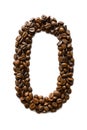 A digit 0 laid out of roasted fragrant coffee beans on a white background Royalty Free Stock Photo