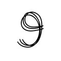 Digit number nine scribble font in doodle scribble brush hand drawn style isolated on white background. For lettering, Royalty Free Stock Photo