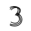 Digit number three scribble font in doodle scribble brush hand drawn style isolated on white background. For lettering,