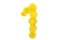 Digit one made with yellow flowers. Yellow flower digit. 1 digic composed from yellow flower