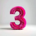 Digit three in pink fur on light background. Cute pink number 3 as fur shape under studio lighting, visual art and