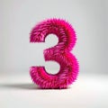 Digit three in pink fur on light background. Cute pink number 3 as fur shape under studio lighting, visual art and