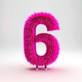 Digit six in pink fur on light background. Cute pink number 6 as fur shape under studio lighting, visual art and