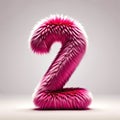 Digit two in pink fur on light background. Cute pink number 2 as fur shape under studio lighting, visual art and