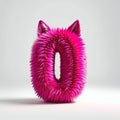 Digit zero or letter O in pink fur on light background. Cute pink number 0 as fur shape under studio lighting, visual