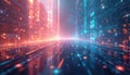 Digital abstract art features a futuristic cityscape with glowing neon lights. It represents a global network of data and high Royalty Free Stock Photo