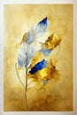 Digital abstract art watercolor printable blue and golden leaf