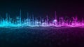Digital abstract data visualization with glowing neon blue and magenta wave patterns and bar charts Keywords: data Royalty Free Stock Photo