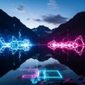 Digital abstract data visualization over stunning mountain lake reflection during twilight hours Royalty Free Stock Photo