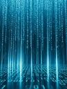 Digital Binary Code Falling Like Rain with Glowing Lines on a Reflective Surface data technology Royalty Free Stock Photo