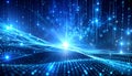 Digital abstract glowing blue light particles and binary code streams flowing across a dark background Royalty Free Stock Photo