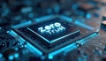 Digital abstract of glowing circuit board with zero trust text on chip. Secure data, cybersecurity concept, encryption, computer Royalty Free Stock Photo