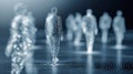 Digital abstract human figures composed of interconnected nodes and lines standing on circular ripple patterns representing Royalty Free Stock Photo
