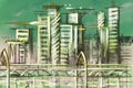 Digital abstract illustration Futuristic city in color. Business skyscrapers. Architectural technology structure hologram