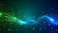 A digital, abstract image featuring circuit board-like patterns with flowing lines and glowing points, transitioning from green to Royalty Free Stock Photo
