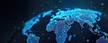 Digital abstract image of glowing connections between countries on globe. Worldwide tech connections visualized as light rays.
