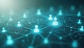 Digital abstract of interconnected people icons forming network structure. Shows data points connected by lines in blue teal Royalty Free Stock Photo