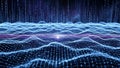 Digital abstract landscape of glowing blue particles forming waves and binary code Royalty Free Stock Photo