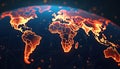 Digital abstract map of Earth with glowing continents, showing global network connections and data streams. Planet Earth glowing Royalty Free Stock Photo