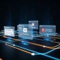 Digital abstract network with glowing lines and transparent data interfaces displaying icons Royalty Free Stock Photo