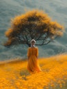 Painting of a woman in a meadow of flowers