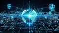 Digital abstract representation of global network connectivity with a glowing blue earth at the center and Royalty Free Stock Photo