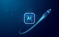 Digital abstract rocket and AI chip. Abstract technology background.