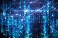 Digital abstract scene is showing glowing blue code streams and white network nodes with lit links Royalty Free Stock Photo