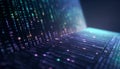 Digital abstract technology. Programming script binary coding snippet on glowing software flowchart background. Generative AI Royalty Free Stock Photo
