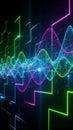 Digital abstract visualization of sound waves or data streams with glowing neon lines in green, blue, and purple against a dark Royalty Free Stock Photo