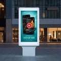 A digital advertisement display stands in front of a modern building. The ad features Royalty Free Stock Photo