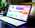 Digital advertising interface on laptop with AI-generated content, analytics charts, chatbot, and customer reviews. Royalty Free Stock Photo