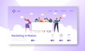 Digital Advertising Team Holding Blank Banner. Marketing Teamwork Character Design for Landing Page