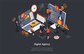 Digital Agency Concept. A Team of People Builds a Chart and Graphs. Digital Projects, Clients Brief. The Concept of the